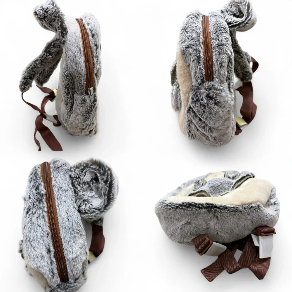 Cute Fluffy Plush Mini Backpack Kawaii Grey Fairycore Faux Fur Cottagecore